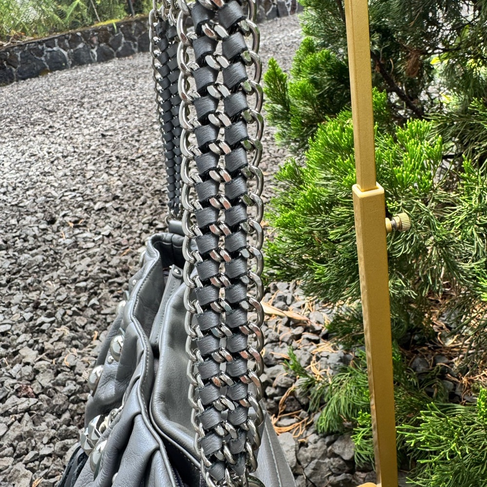 Sharif Gray Leather Studded Hobo Shoulder Bag with Chain Strap & Tassel - Picture 6 of 16
